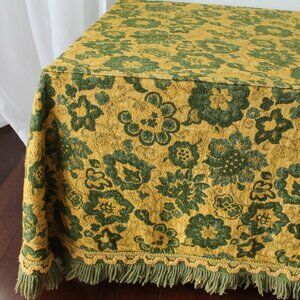 Vintage Floral Queen Size Blanket – Mustard Yellow & Forest Green Jacquard Woven